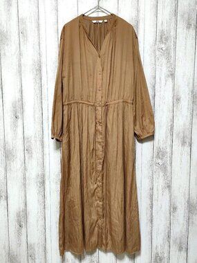 Cateqlo V-Neck Long Shirt Dress with Pockets Shiny Finish